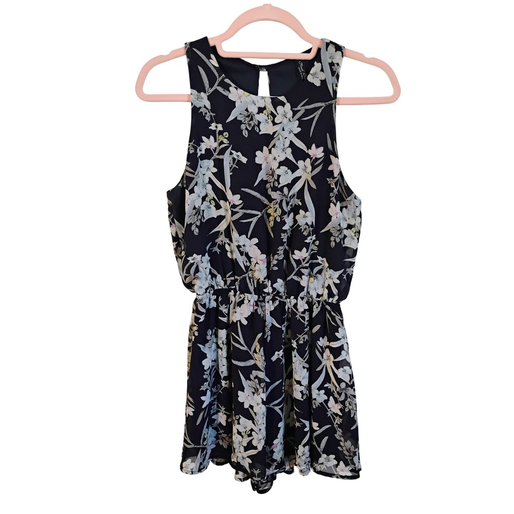 Final Touch Floral Romper Black‎ Sleeveless Keyhole Back Made in USA Size S